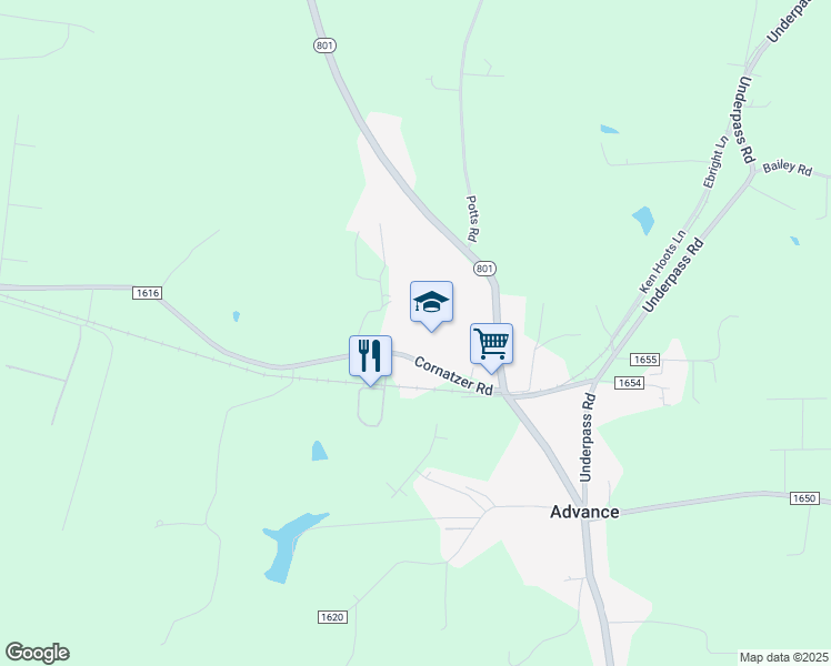 map of restaurants, bars, coffee shops, grocery stores, and more near 3179 Cornatzer Road in Advance