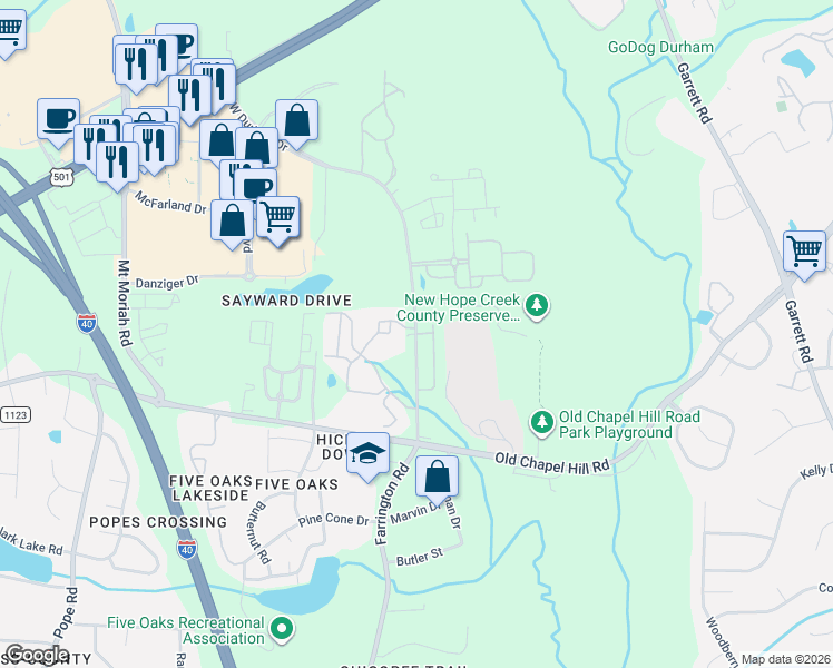 map of restaurants, bars, coffee shops, grocery stores, and more near 3803 Southwest Durham Drive in Durham