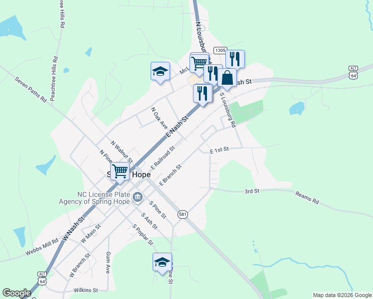 map of restaurants, bars, coffee shops, grocery stores, and more near 499 East Railroad Street in Spring Hope