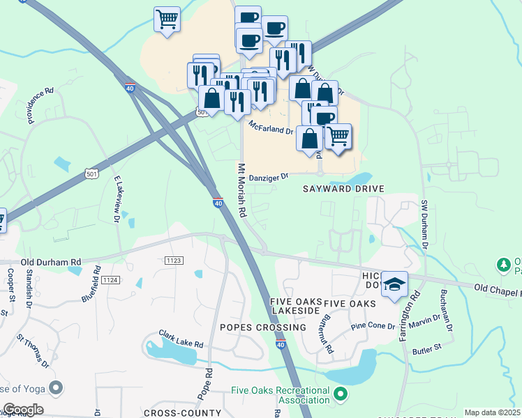 map of restaurants, bars, coffee shops, grocery stores, and more near 3827 Mount Moriah Road in Durham