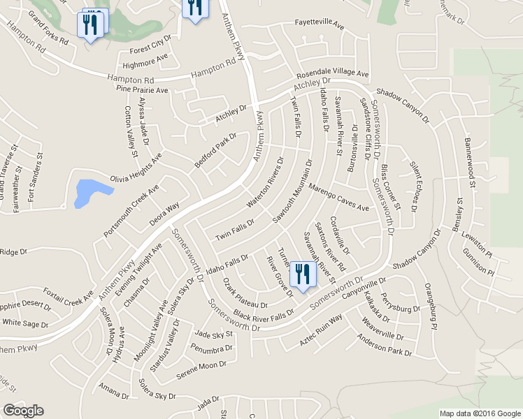 map of restaurants, bars, coffee shops, grocery stores, and more near 2172 Waterton Rivers Drive in Henderson