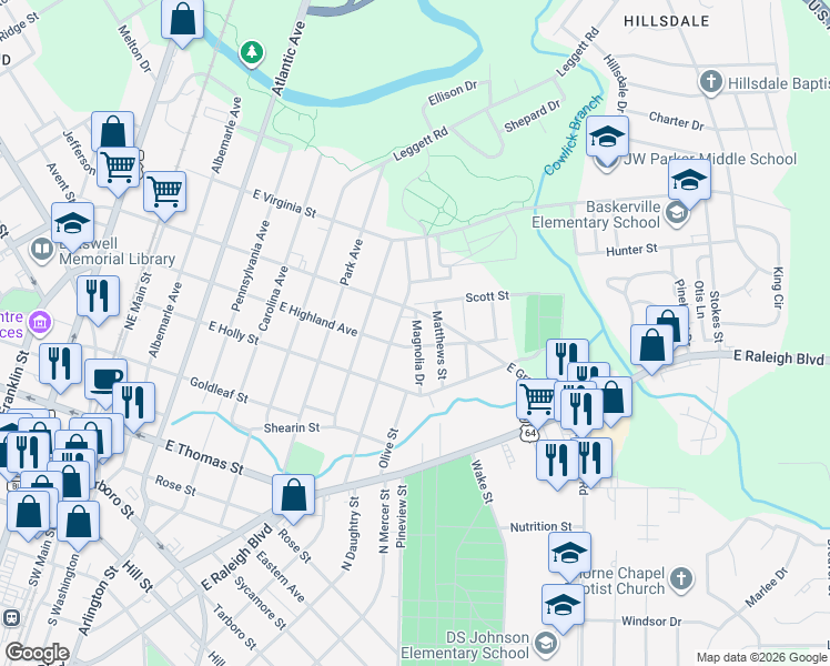 map of restaurants, bars, coffee shops, grocery stores, and more near 521 Coleman Avenue in Rocky Mount