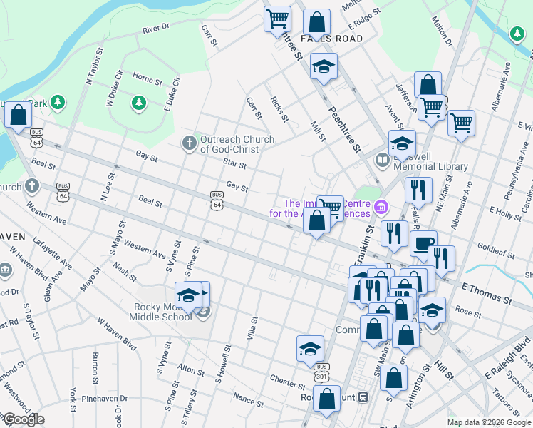 map of restaurants, bars, coffee shops, grocery stores, and more near 717 Gay Street in Rocky Mount