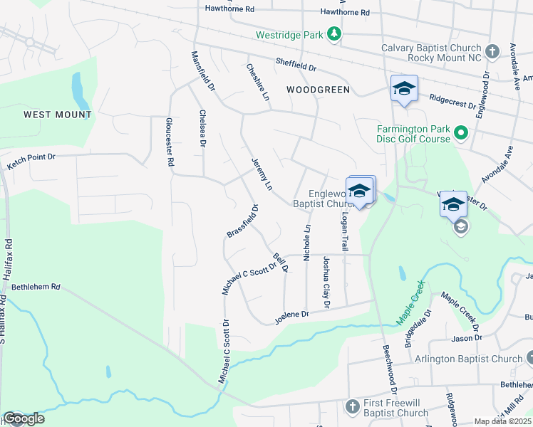 map of restaurants, bars, coffee shops, grocery stores, and more near 4017 Brassfield Dr in Rocky Mt