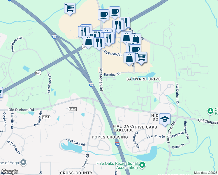map of restaurants, bars, coffee shops, grocery stores, and more near 3827 Mount Moriah Road in Durham