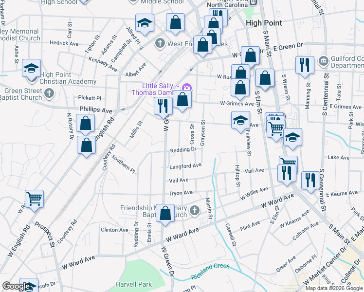 map of restaurants, bars, coffee shops, grocery stores, and more near 514 Amos Street in High Point