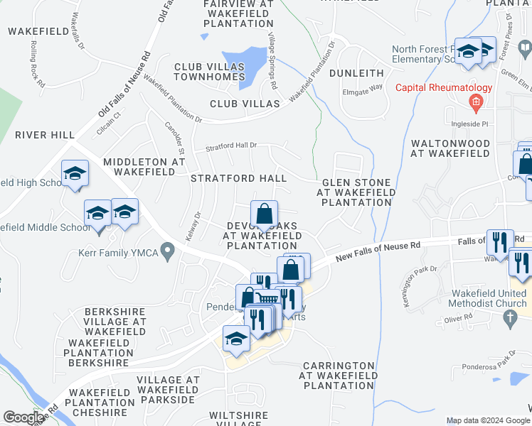 map of restaurants, bars, coffee shops, grocery stores, and more near 2724 Crystal Oaks Lane in Raleigh