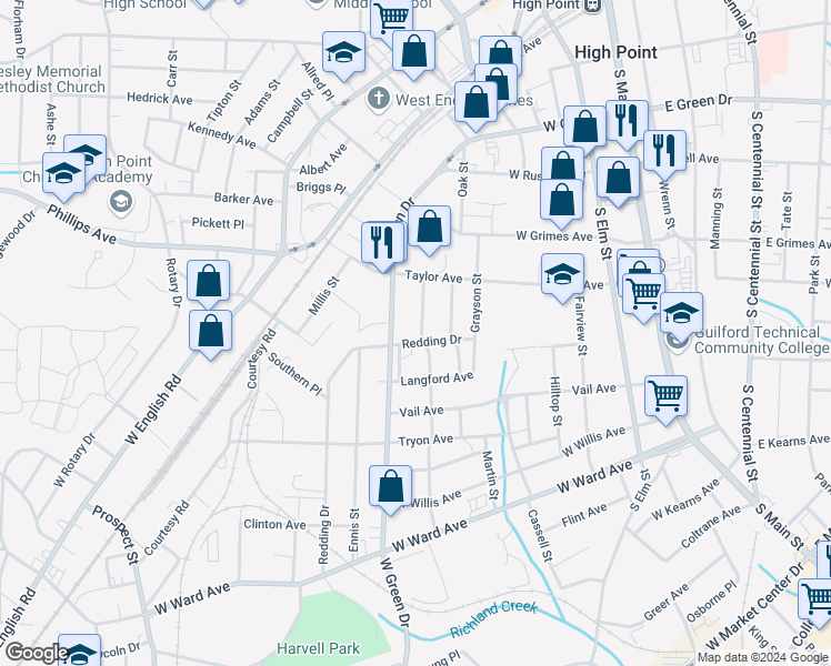 map of restaurants, bars, coffee shops, grocery stores, and more near 524 Amos Street in High Point