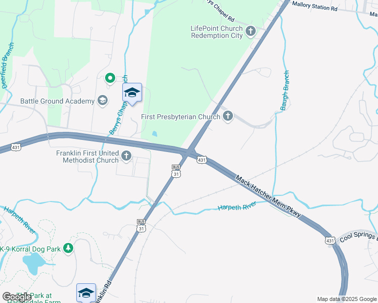 map of restaurants, bars, coffee shops, grocery stores, and more near Franklin Rd & Mack C Hatcher Memorial Pkwy in Franklin