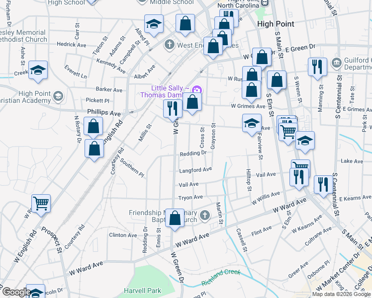 map of restaurants, bars, coffee shops, grocery stores, and more near 514 Amos Street in High Point