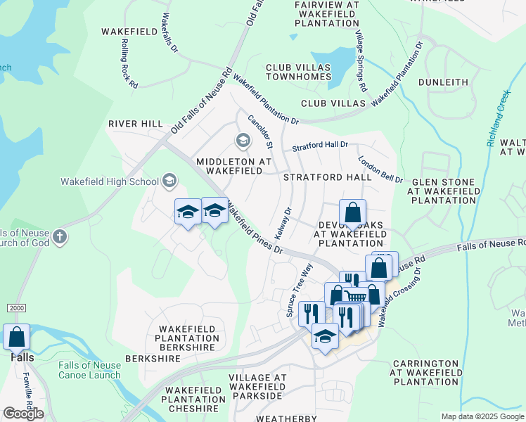map of restaurants, bars, coffee shops, grocery stores, and more near 12312 Camberwell Court in Raleigh