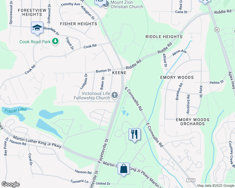 map of restaurants, bars, coffee shops, grocery stores, and more near 4116 Fayetteville Road in Durham