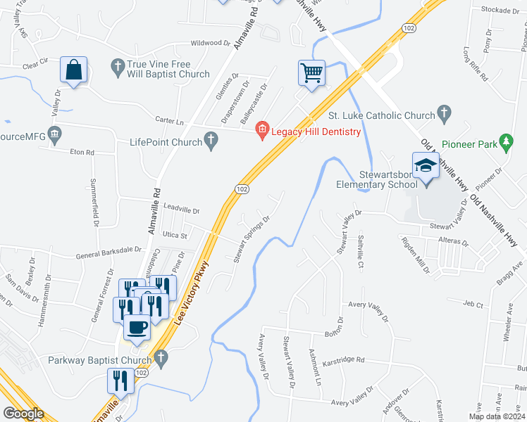 map of restaurants, bars, coffee shops, grocery stores, and more near 502 Oakdale Drive in Smyrna