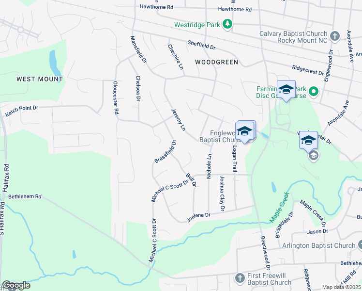 map of restaurants, bars, coffee shops, grocery stores, and more near 4017 Brassfield Dr in Rocky Mt