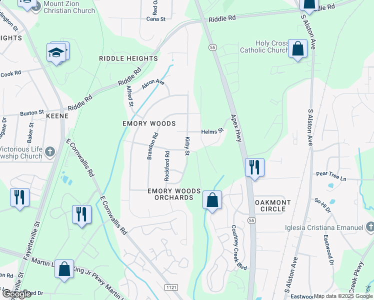 map of restaurants, bars, coffee shops, grocery stores, and more near 1421 Chowan Avenue in Durham