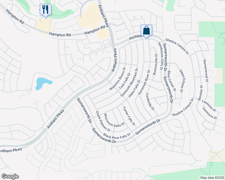 map of restaurants, bars, coffee shops, grocery stores, and more near 2172 Waterton Rivers Drive in Henderson
