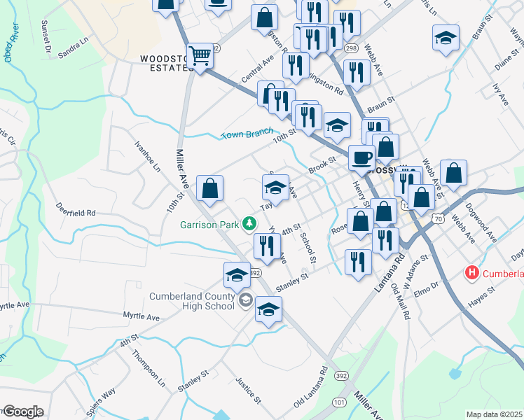 map of restaurants, bars, coffee shops, grocery stores, and more near 272 Yvonne Avenue in Crossville