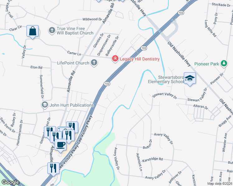 map of restaurants, bars, coffee shops, grocery stores, and more near 403 Sugarwood Street in Smyrna