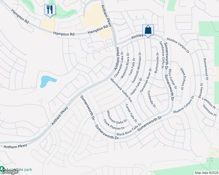 map of restaurants, bars, coffee shops, grocery stores, and more near 2195 Waterton Rivers Drive in Henderson