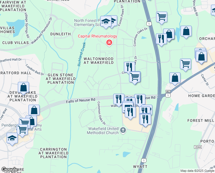 map of restaurants, bars, coffee shops, grocery stores, and more near 11171 Beckstone Way in Raleigh