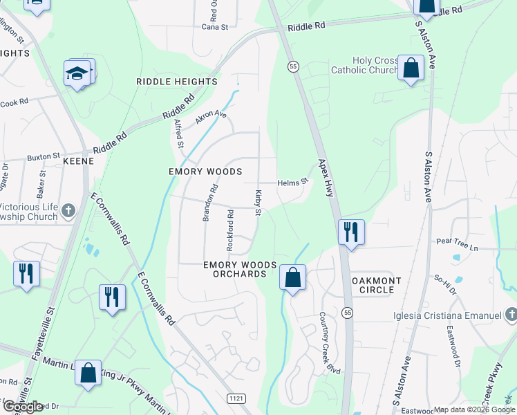 map of restaurants, bars, coffee shops, grocery stores, and more near 3001-3099 Kirby St in Durham