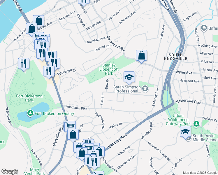 map of restaurants, bars, coffee shops, grocery stores, and more near 3107 Dow Drive in Knoxville