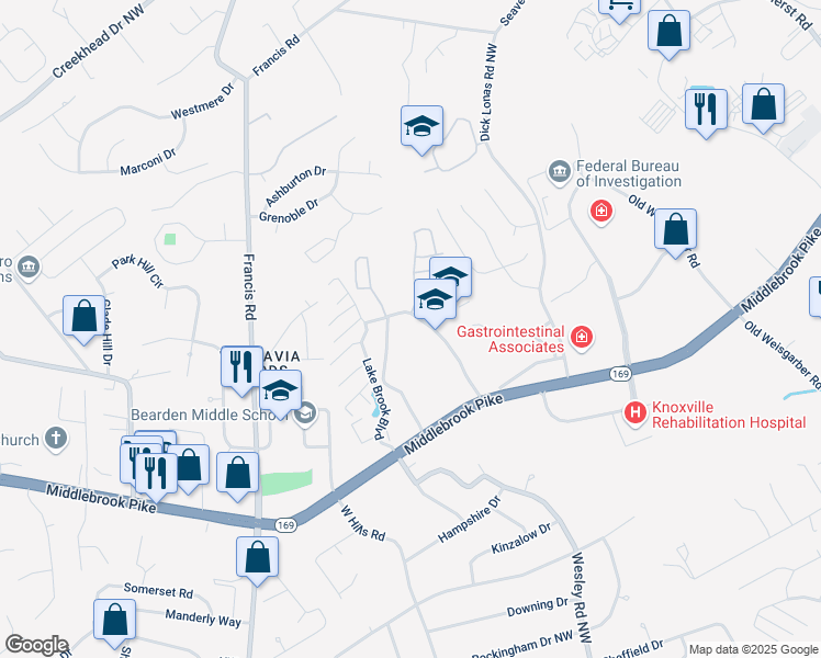 map of restaurants, bars, coffee shops, grocery stores, and more near 3009 Lake Brook Boulevard in Knoxville