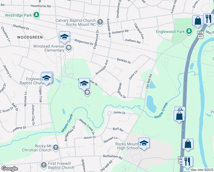 map of restaurants, bars, coffee shops, grocery stores, and more near 121-125 Avondale Court in Rocky Mount