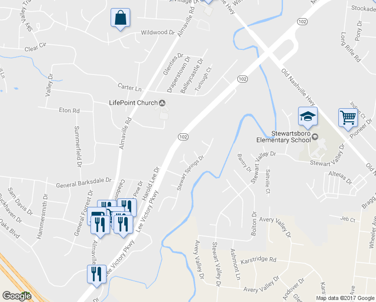 map of restaurants, bars, coffee shops, grocery stores, and more near 608 Blossom Hill Drive in Smyrna