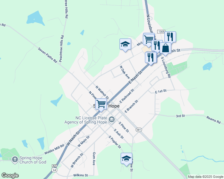map of restaurants, bars, coffee shops, grocery stores, and more near 212 East Franklin Street in Spring Hope