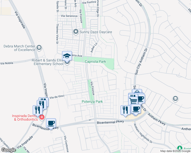 map of restaurants, bars, coffee shops, grocery stores, and more near 2141 Maderno Street in Henderson