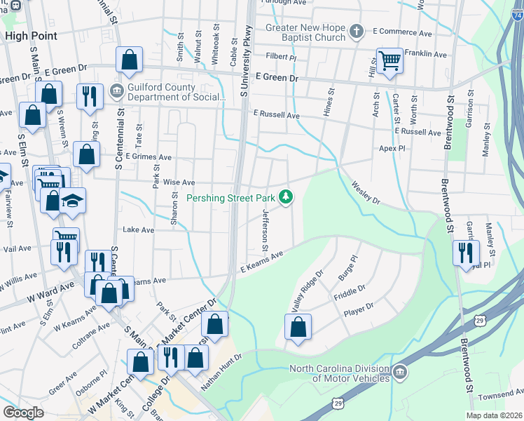 map of restaurants, bars, coffee shops, grocery stores, and more near 1007 Jefferson Street in High Point