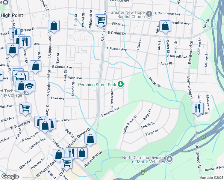 map of restaurants, bars, coffee shops, grocery stores, and more near 1099 Jefferson Street in High Point