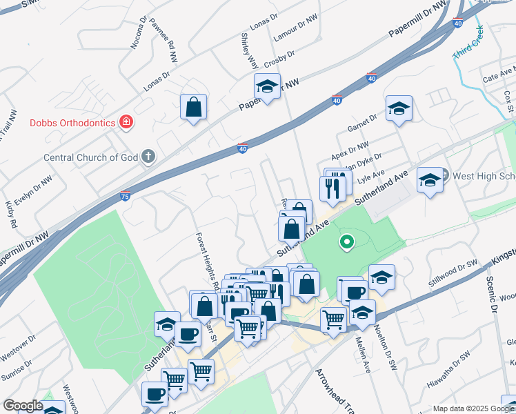 map of restaurants, bars, coffee shops, grocery stores, and more near 700 Longview Road in Knoxville