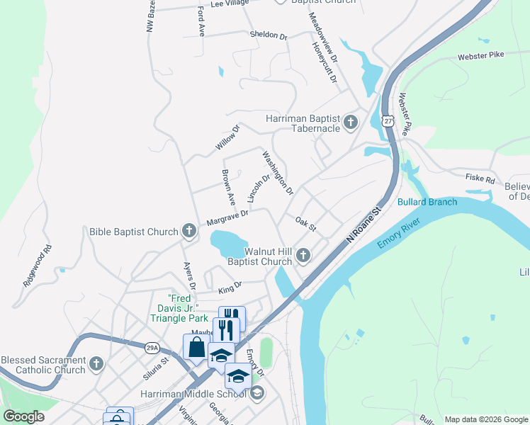 map of restaurants, bars, coffee shops, grocery stores, and more near 1418 Margrave Drive in Harriman