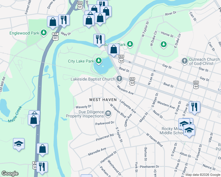 map of restaurants, bars, coffee shops, grocery stores, and more near 1513 Western Avenue in Rocky Mount