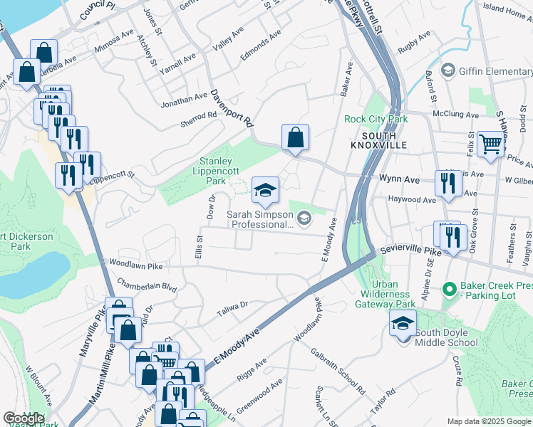 map of restaurants, bars, coffee shops, grocery stores, and more near 705 Tipton Avenue in Knoxville