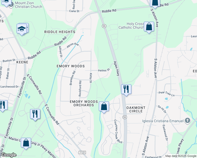 map of restaurants, bars, coffee shops, grocery stores, and more near 2624 Apex Highway in Durham