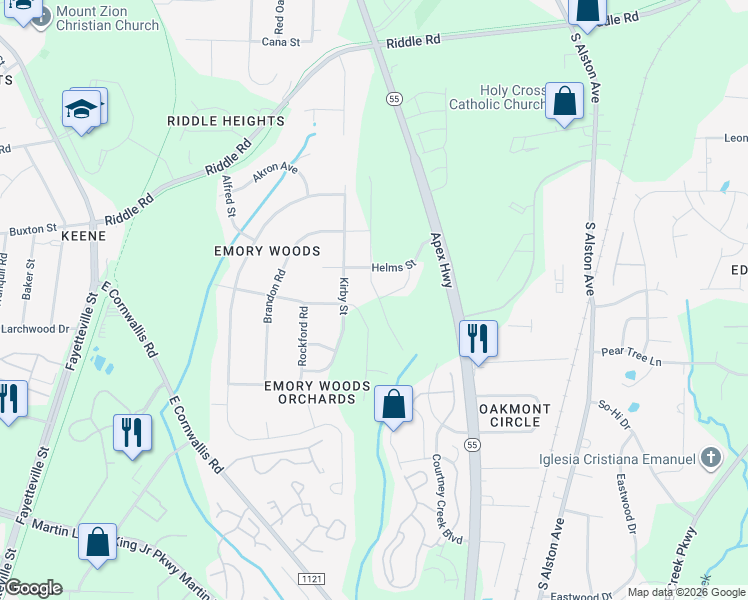 map of restaurants, bars, coffee shops, grocery stores, and more near 2624 Apex Highway in Durham