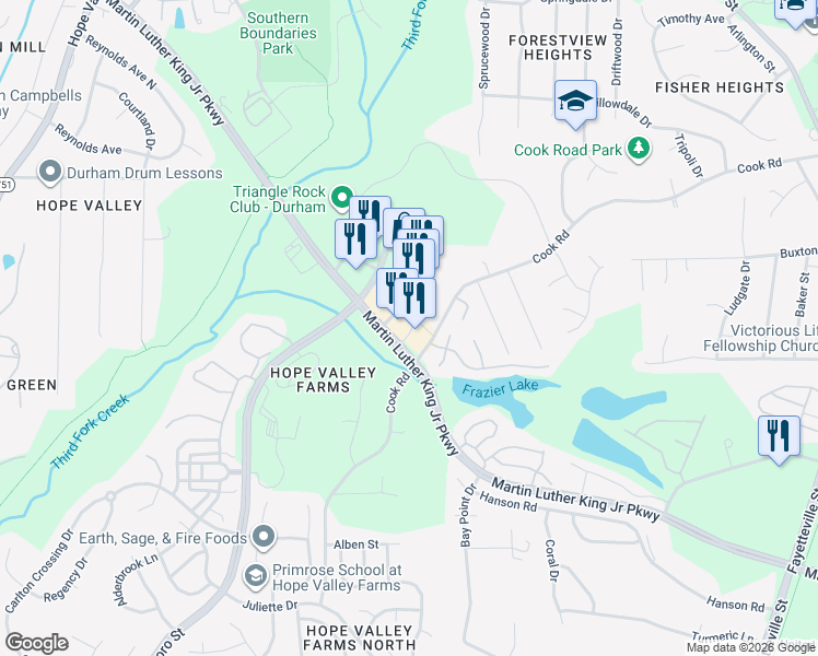 map of restaurants, bars, coffee shops, grocery stores, and more near 920 Martin Luther King Junior Parkway in Durham