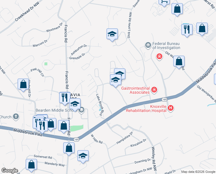 map of restaurants, bars, coffee shops, grocery stores, and more near 3009 Lake Brook Boulevard in Knoxville