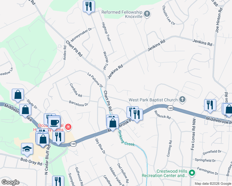 map of restaurants, bars, coffee shops, grocery stores, and more near 8956 Maple Ridge Lane in Knoxville