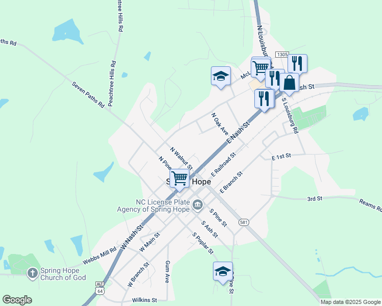 map of restaurants, bars, coffee shops, grocery stores, and more near 209 East Franklin Street in Spring Hope