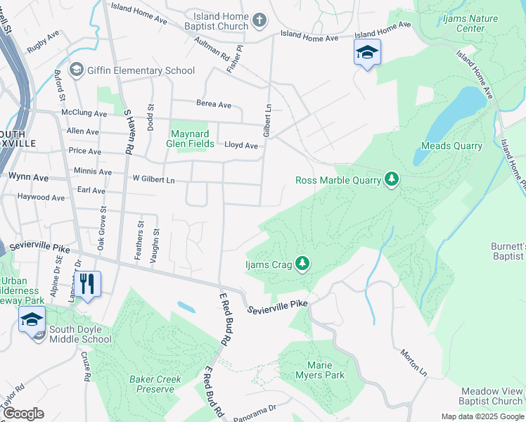 map of restaurants, bars, coffee shops, grocery stores, and more near 2300 Sylvania Avenue Southeast in Knoxville