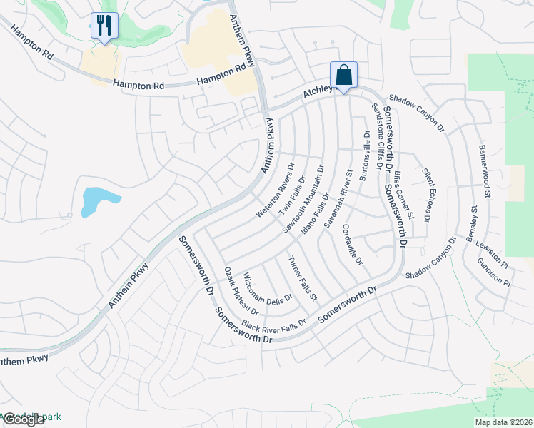 map of restaurants, bars, coffee shops, grocery stores, and more near 2180 Waterton Rivers Drive in Henderson