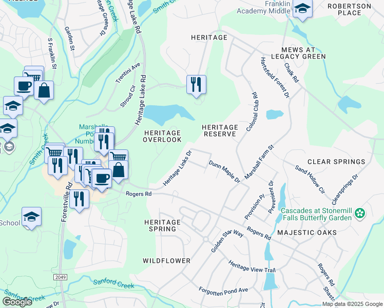 map of restaurants, bars, coffee shops, grocery stores, and more near 1512 Heritage Links Drive in Wake Forest