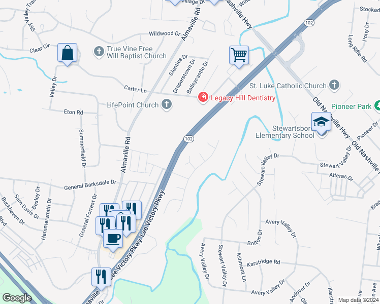 map of restaurants, bars, coffee shops, grocery stores, and more near 615 Blossom Hill Drive in Smyrna