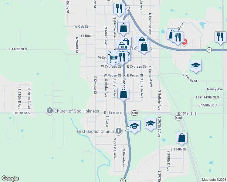map of restaurants, bars, coffee shops, grocery stores, and more near 202 West Ash Street in Coweta
