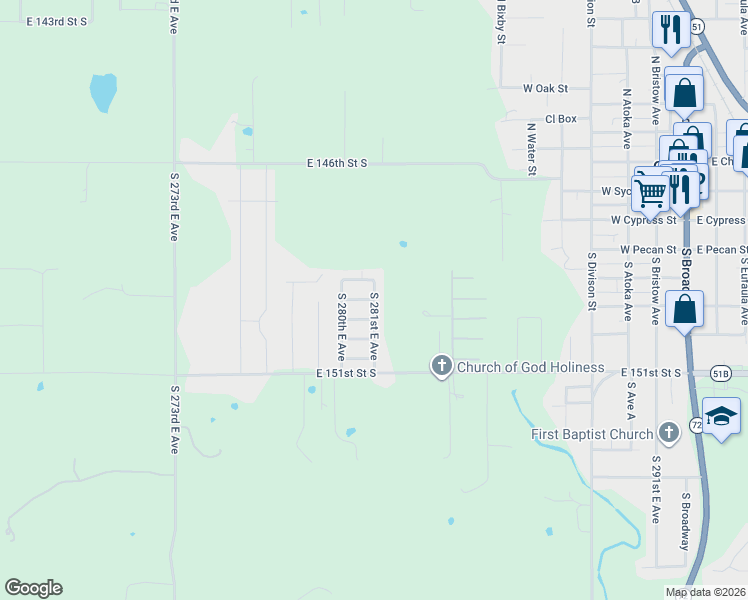 map of restaurants, bars, coffee shops, grocery stores, and more near 14915 South 281 East Avenue in Coweta