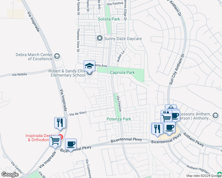 map of restaurants, bars, coffee shops, grocery stores, and more near 2233 Via Firenze in Henderson